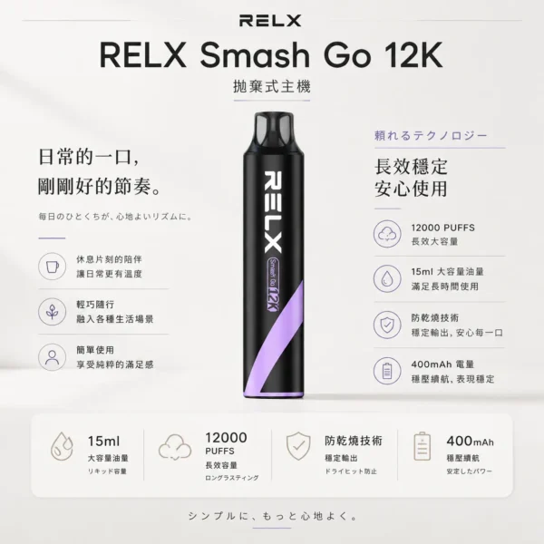 ChatGPT Image 2026年8月23日 下午08_17_36 【擊喉感扎實】RELX Smash Go 拋棄式電子煙 獨家防乾燒12000口 細膩還原現貨