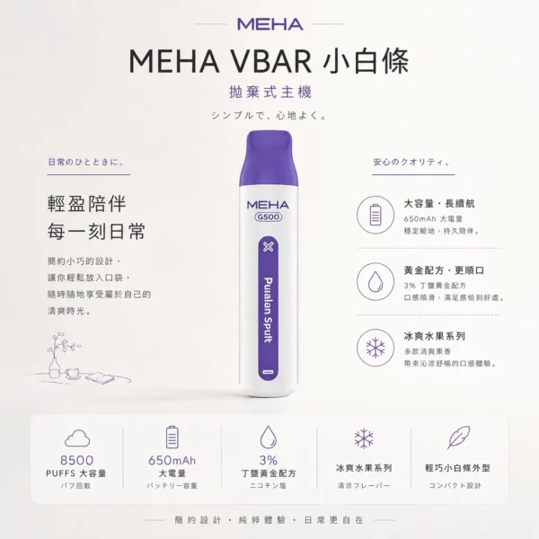 MEHA VBar 魅嗨小白條 8500口拋棄式電子煙｜3%尼古丁鹽黃金配方 冰爽水果清爽極致體驗