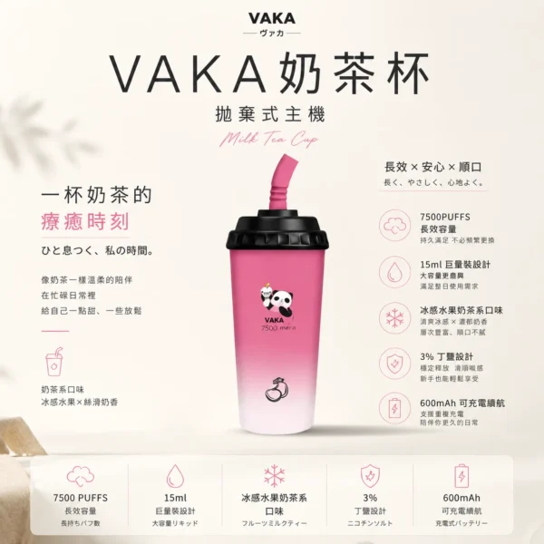 VAKA 冰感水果奶茶系 7500口拋棄式電子煙｜3%尼古丁鹽順滑擊喉 600mAh可充電細膩體驗